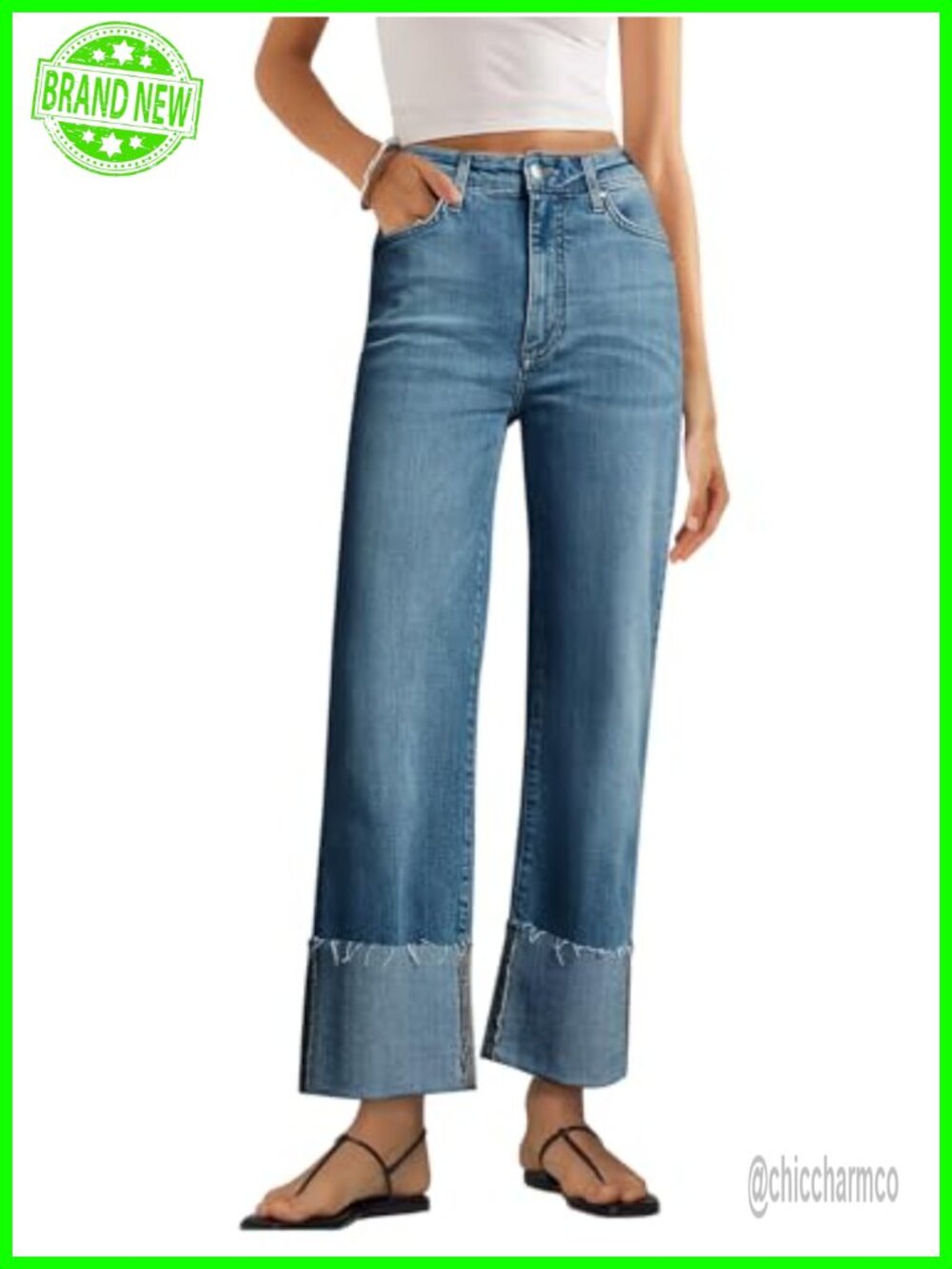 Wide Leg High Waisted Straight Leg Stretchy Denim Jeans with Pockets